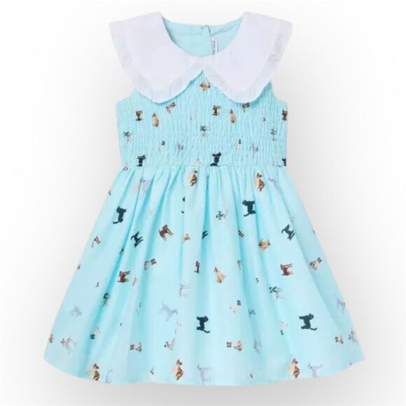 Janie and Jack, The Dog Icon Collared Dress in Breezy Blue Dog Friends, Girl’s 5 - Picture 1 of 8